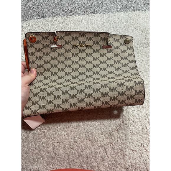 Michael Kors Selma Swap Medium Solid Top Zip Satchel Cover Orange Tan Logo Purse - Picture 9 of 12